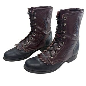 Laredo Western Kiltie Boots Womens size 7M Leather Lace Up Fringe Burgundy Blue